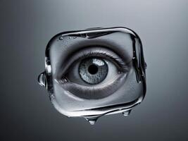 eye kept inside of a melting ice cube with dark round. photo
