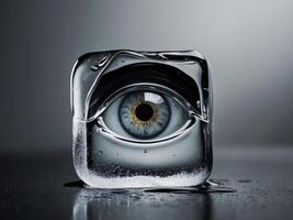 eye kept inside of a melting ice cube with dark round. photo