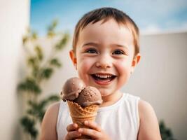 Child holding a chocolate ice cream cone with two scoops outdoors. photo