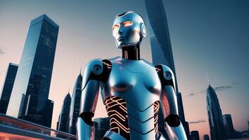 Futuristic robot with glowing circuits in a cityscape. photo