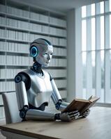 Futuristic Robot Reading a Book in Modern Library Setting. photo