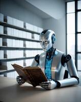 Futuristic Robot Reading a Book in Modern Library Setting. photo