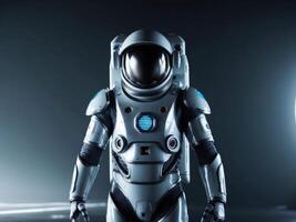 Futuristic robot suit worn by an astronaut in a dark space environment showcasing advanced technology and design features. photo
