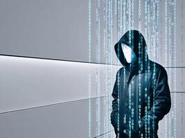 Hacker figure in a hooded jacket with digital binary numbers in the background. photo
