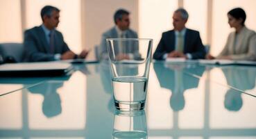 Glass of Water on Reflective Table with Meeting in Background. photo