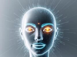 Holographic Face made of glowing particles representing artificial intelligence. photo