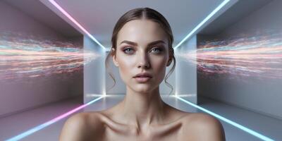 Gorgeous Model Framed by Prismatic Light Effects. photo