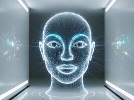 Holographic Face made of glowing particles representing artificial intelligence. photo