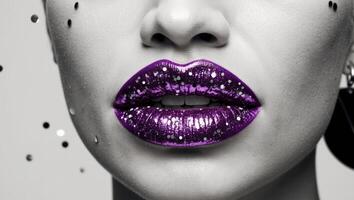 macro shot of sparkling purple lip makeup with glitter. photo