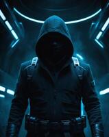 Mysterious Figure in Dark Technology Setting. photo