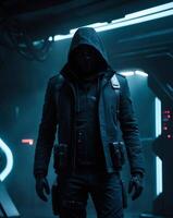 Mysterious Figure in Dark Technology Setting. photo