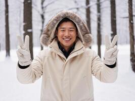 Smiling man in winter jacket showing peace signs in snowy forest. photo