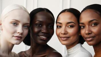 Three women with different skin types posing together. photo