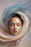 A Captivating Blend of Colors Envelops a Serene Face Expressing Deep Emotions in a Dreamy Atmosphere. photo