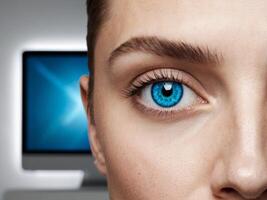 A close up of a blue eye with a computer screen behind it. photo