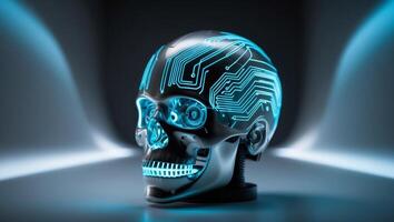 A futuristic robotic head with glowing circuitry in a dimly lit space. photo
