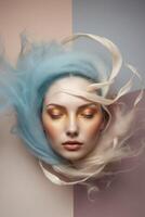 A Captivating Blend of Colors Envelops a Serene Face Expressing Deep Emotions in a Dreamy Atmosphere. photo
