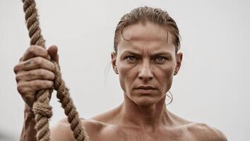 A person holds a rope with a determined look. photo