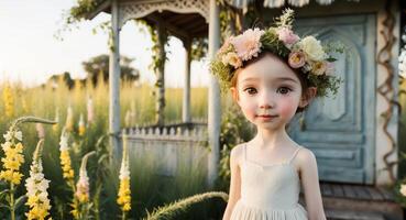 A girl with a flower wreath on her head stands near a fancy hut in a field. photo