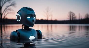 A Serene Evening by the Water With a Contemplative Robot Peacefully Observing the World Around It. photo