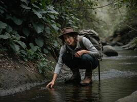 Adventurer Exploring a Stream in the Wilderness. photo