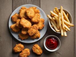 Crispy Fried Chicken Nuggets with French Fries and Ketchup Sauce on Rustic Table. photo