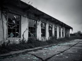 Old rotten abandoned building with broken windows. photo