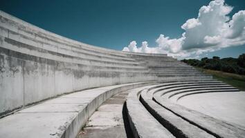 Brutalist Concrete Amphitheater with Tiered Seating and Weathered Textures in Open Setting. photo