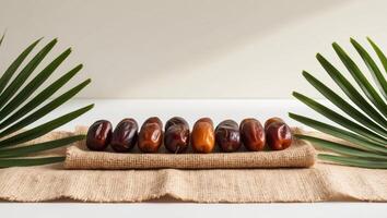 A Row of Shiny Dates on a Burlap Cloth with Palm Leaves on Each Side. photo