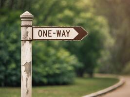 One Way Signpost in Park Surrounded by Greenery. photo