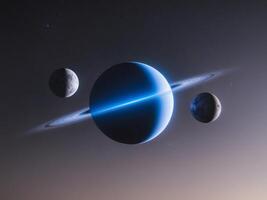 A Mesmerizing View of a Vibrant Blue Planet Surrounded by Three Celestial Moons in the Vastness of Space at Twilight. photo