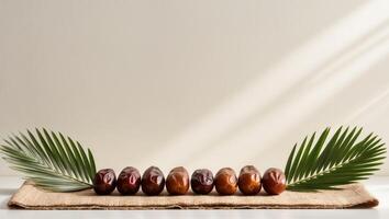 A Row of Shiny Dates on a Burlap Cloth with Palm Leaves on Each Side. photo