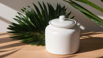 White jar with lid on light brown surface with tropical leaves. photo