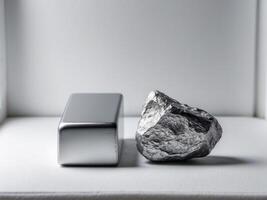 insulated zinc ingot or bar next to raw zinc nugget on insulated. photo