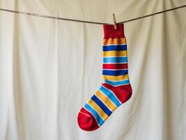 Single colorful striped sock is hanging on a clothesline drying after being washed. photo