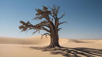 A large tree trunk is standing in the desert. photo
