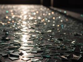 Sunlight reflecting on mirror shards scattered across floor. photo