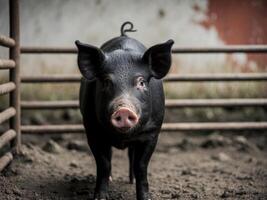 A black pig stands in a muddy pen and looks directly at the camera. photo