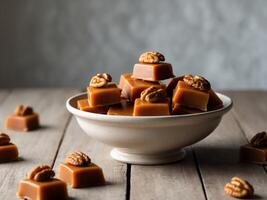 A bowl of caramel squares topped with walnut halves sits on a wooden table. photo