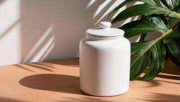 White jar with lid on light brown surface with tropical leaves. photo