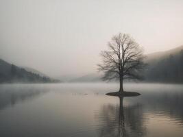 Serene Foggy Lake with Tree Reflections at Dawn. photo
