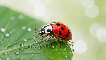 Ladybug on Green Leaf with Water Droplets in Macro View. photo