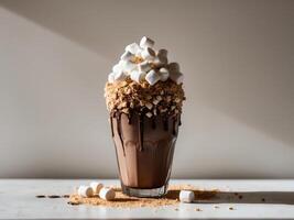Chocolate and marshmallow milkshake topped with graham cracker crumbs and mini marshmallows. photo
