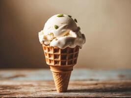 A Crispy Waffle Cone Filled with Creamy Frozen Dessert on a Rustic Brown Wooden Surface with Scattered Seeds. photo