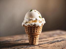 A Crispy Waffle Cone Filled with Creamy Frozen Dessert on a Rustic Brown Wooden Surface with Scattered Seeds. photo