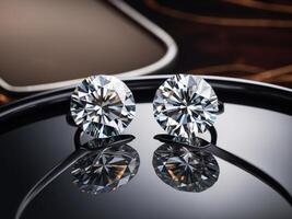 Two sparkling diamonds illuminated by warm lights in a luxurious setting. photo