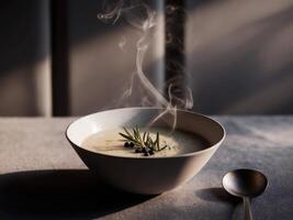 Steaming bowl of soup with rosemary and pepper on dark background. photo