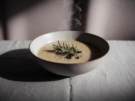 Steaming bowl of soup with rosemary and pepper on dark background. photo