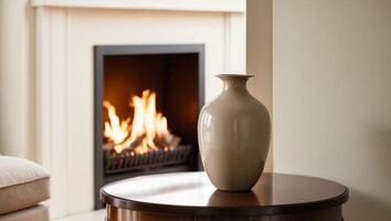 Cozy Setting with Empty Vase and Fireplace Glow. photo