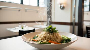Steaming Bowl of Noodles with Vegetables in Restaurant Setting. photo